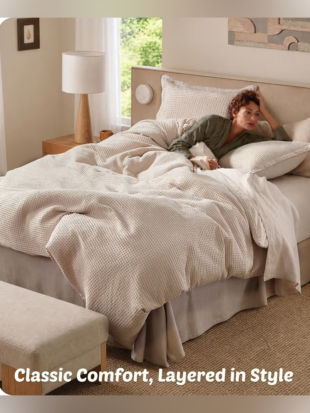 Bedsure 100% Cotton Waffle Weave Duvet Cover Queen Beige 3Pc NWT 90x90